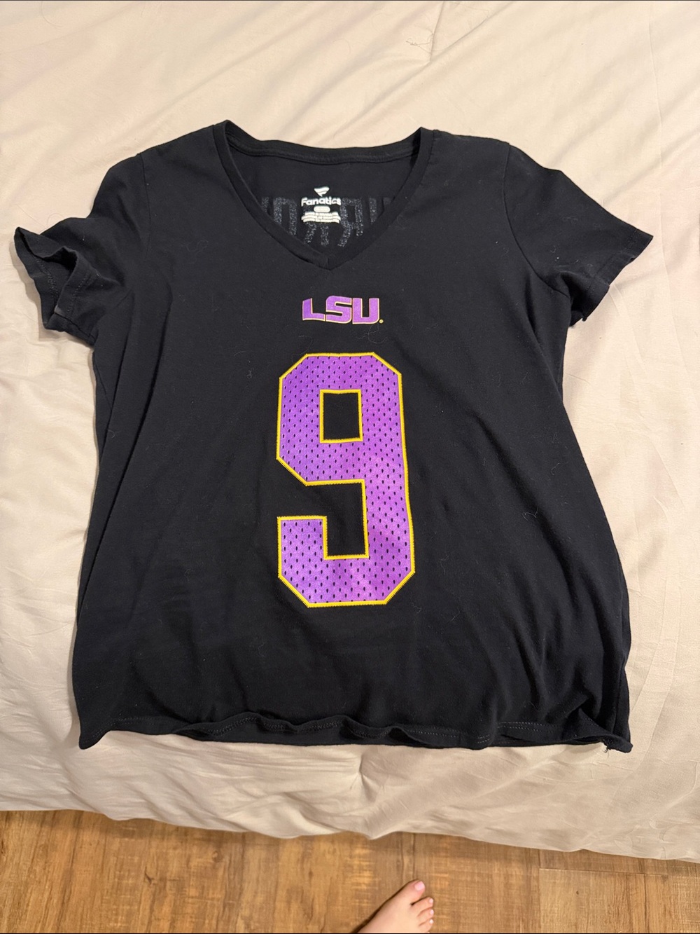 Fanatics Black LSU V-Neck Tee with Purple and Gold Number 9